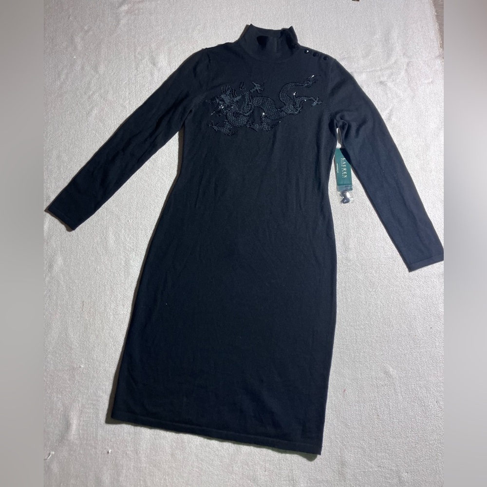 Lauren Ralph Lauren Merino Wool Knit Dragon🐉 Embroidered Mock Neck Sweater Dress